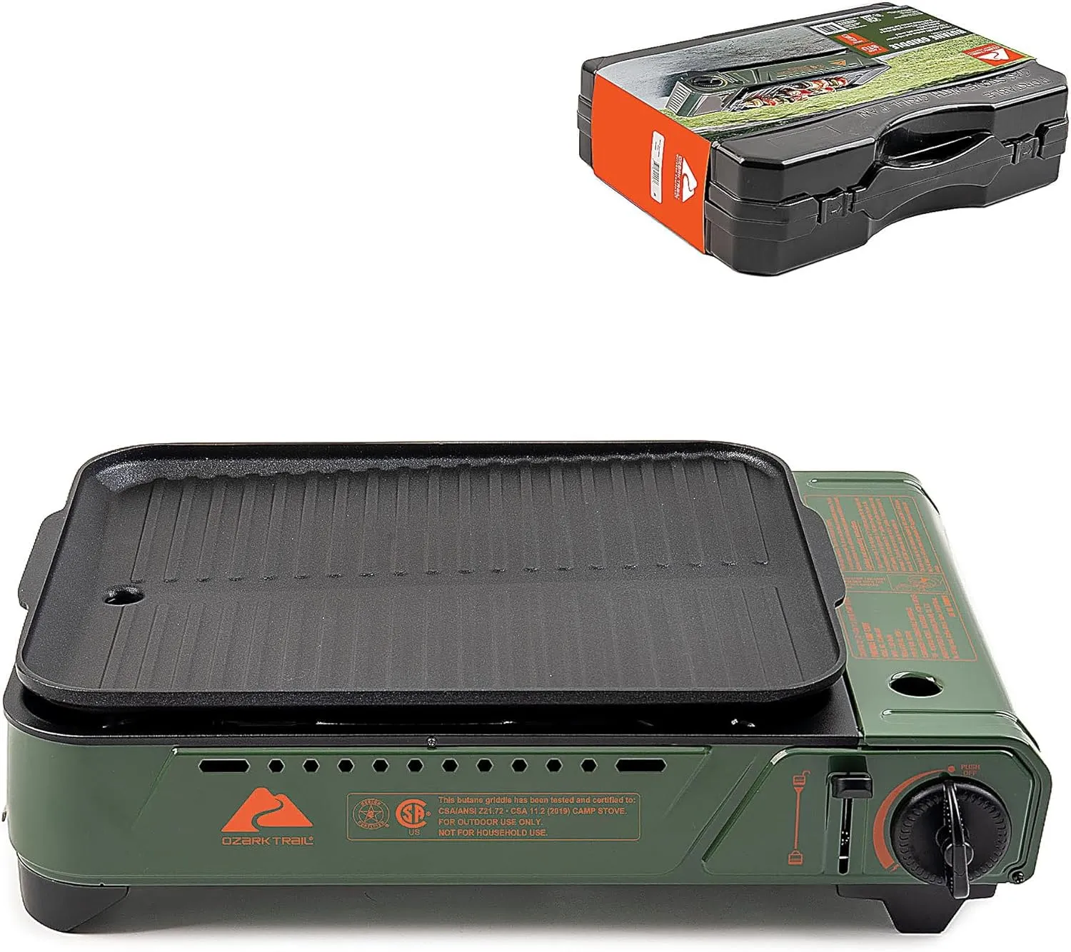 Ozark-Trail Outdoor Butane Griddle 7650 BTU Portable Camping Stove 15x12 Cast Aluminum Griddle Nonstick Compact Tabletop Gas Burner for Tailgating, Hiking, RV Cooking, Includes Carry Case