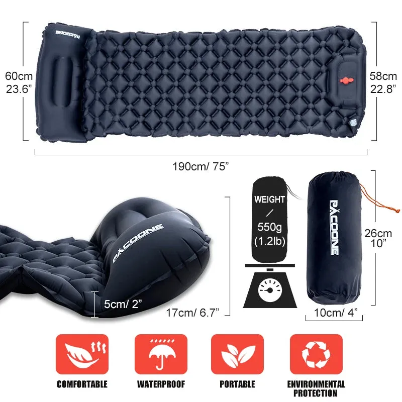 PACOONE Twin Ultralight Camping Sleeping Pad with Pillows, Built-in Pump, Waterproof Air Mattress for Hiking