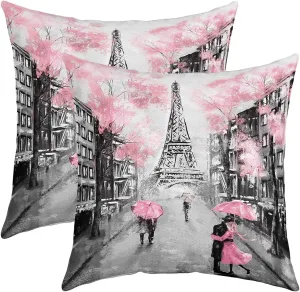 Paris Throw Pillow Covers, French Eiffel Tower Pillow Covers For Home Bed Sofa Couch, Retro Paris Themed Cushion Covers Watercolor Cherry Blossoms Decorative Pillow Covers, 18x18 Set of 2, Pink Grey