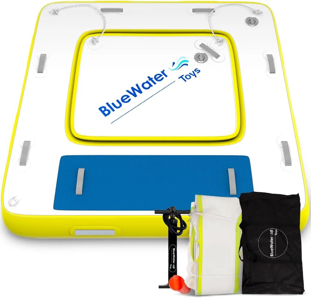 Patented 3-in-1 Inflatable Water Deck, Portable Swim Platform with Removable Floating Island Raft, Mesh Lounge Dock, Blue, Yellow, & White, ‎8 Feet by 8 Feet, by Blue Water Toys