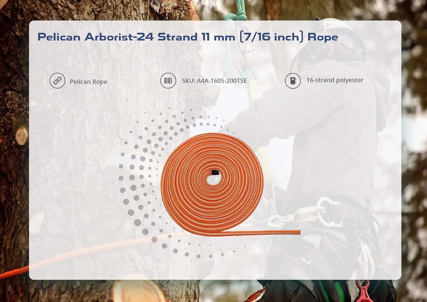 Pelican Rope 16-Strand 1/2 in (12.7 mm) Arborist-16™ Rope - 5400 lbs MBS - Static Climbing Rope - Rescue Operations - High Visibility - 120 ft - Tight Spliced Eye - Orange/White - Made in The USA