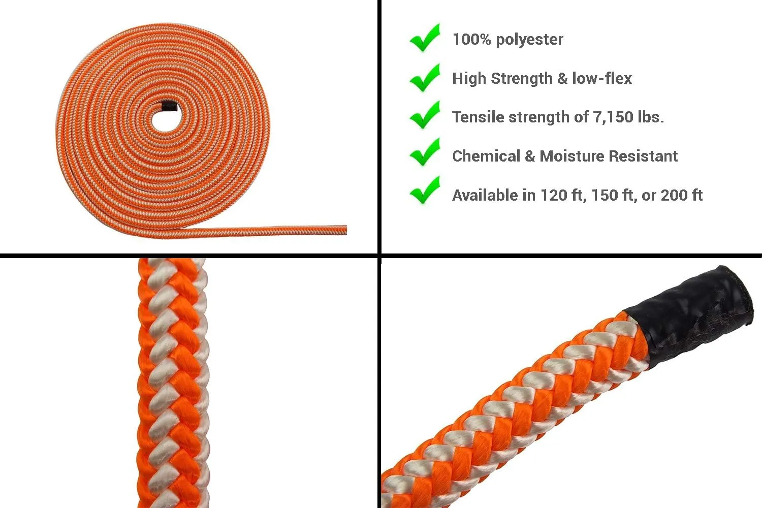 Pelican Rope 16-Strand 1/2 in (12.7 mm) Arborist-16™ Rope - 5400 lbs MBS - Static Climbing Rope - Rescue Operations - High Visibility - 120 ft - Tight Spliced Eye - Orange/White - Made in The USA