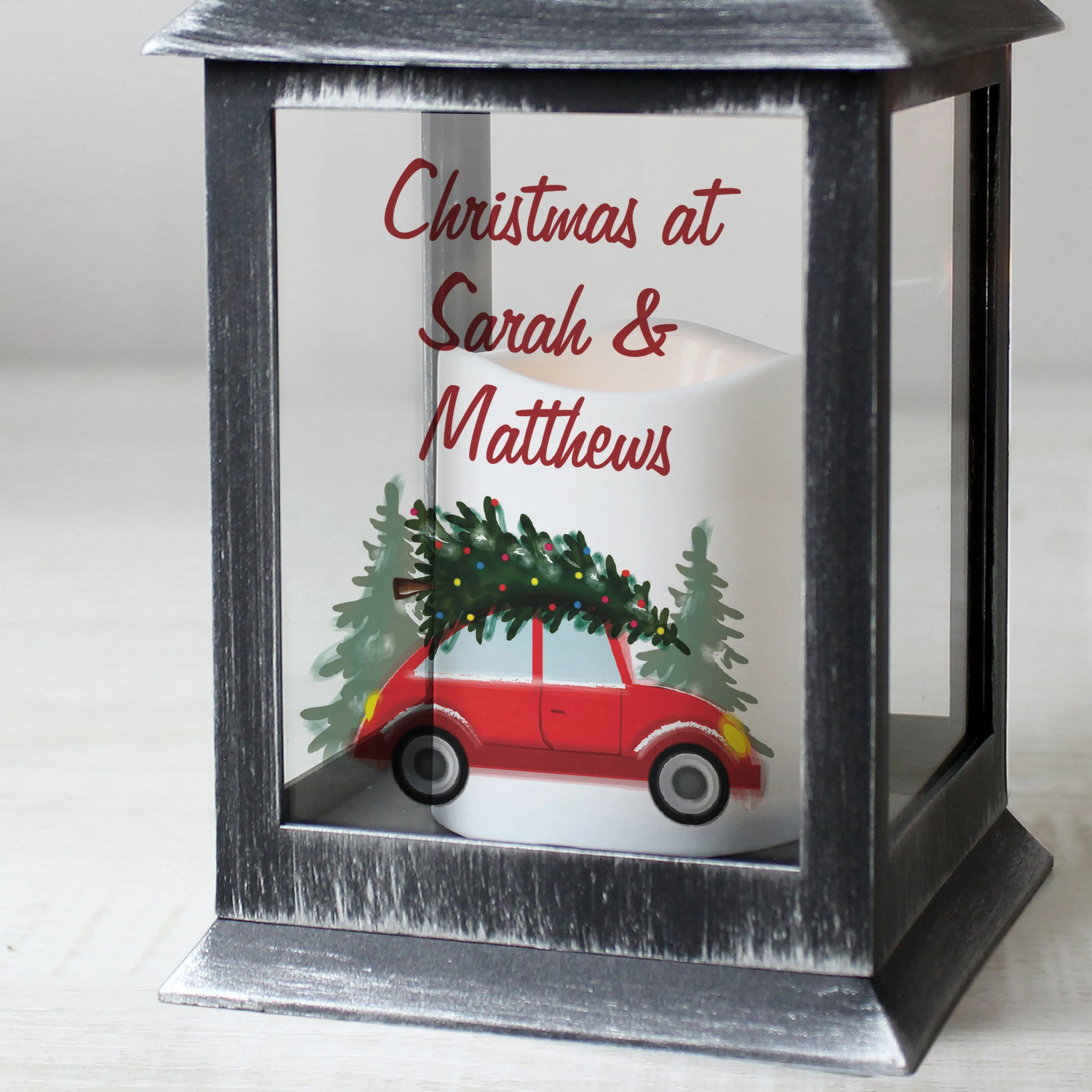 Personalised 'Driving Home For Christmas' Rustic Black Lantern