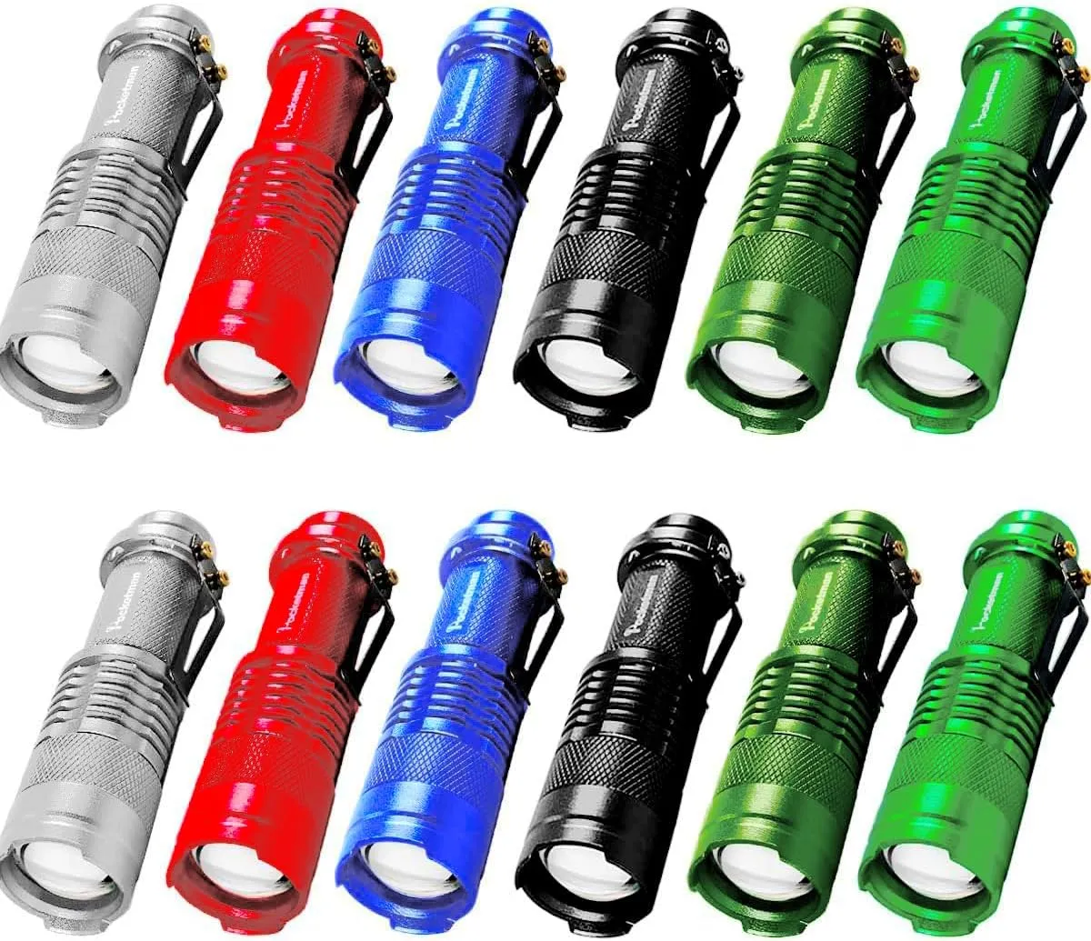 Pocketman 12 Pack Mini Flashlights LED Flashlight 7W 3 Mode Flashlight Portable Torch Adjustable Focus Zoomable Light (Colorful)