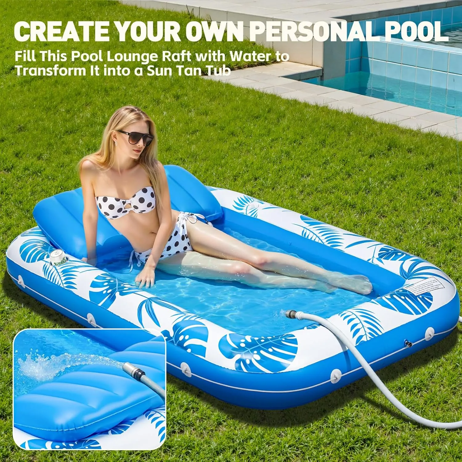 Pool Floats Inflatable Pool Lounger Float for Adults, 71" x 48" Large Pool Floats with Headrest Drink Holder, Water Filled Sunbathing Bed Lounge Raft Floatie for Lake, Backyard, Beach Pool Party Toy
