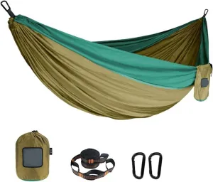 Portable Nylon Parachute Fabric Single and Double Size Outdoor Camping Hiking Garden Hammock for Terrace, Outdoor(Double Brown Green)