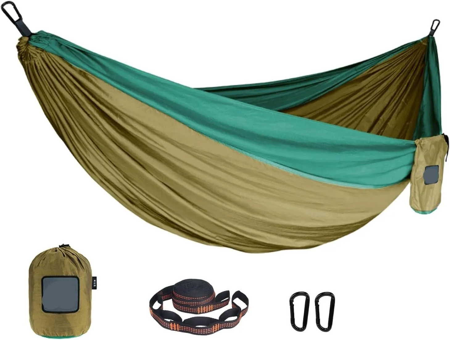 Portable Nylon Parachute Fabric Single and Double Size Outdoor Camping Hiking Garden Hammock for Terrace, Outdoor(Double Brown Green)