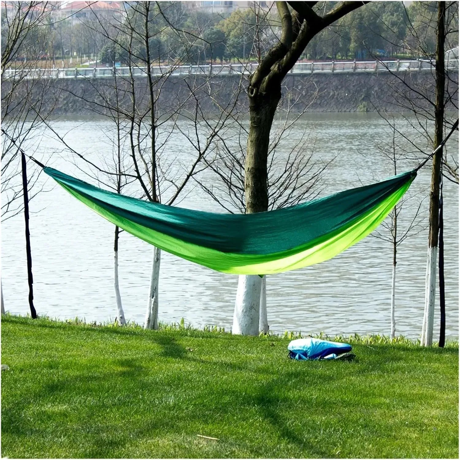 Portable Nylon Parachute Fabric Single and Double Size Outdoor Camping Hiking Garden Hammock for Terrace, Outdoor(Double Brown Green)