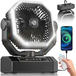 Portable Rechargeable Fan - 9-Inch Camping Fan for Tent, 20000mAh(60Hrs) Battery Operated Fan for Camping, Auto Oscillation Cordless Fan, Tent Fan with Remote/Light, 4 Speeds, 4 Timing, Outdoor
