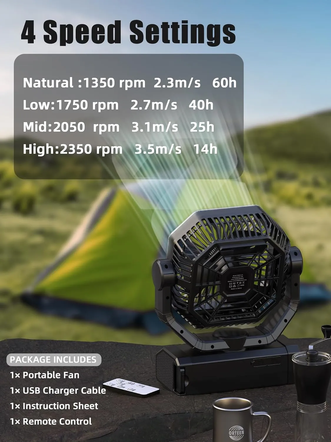 Portable Rechargeable Fan - 9-Inch Camping Fan for Tent, 20000mAh(60Hrs) Battery Operated Fan for Camping, Auto Oscillation Cordless Fan, Tent Fan with Remote/Light, 4 Speeds, 4 Timing, Outdoor
