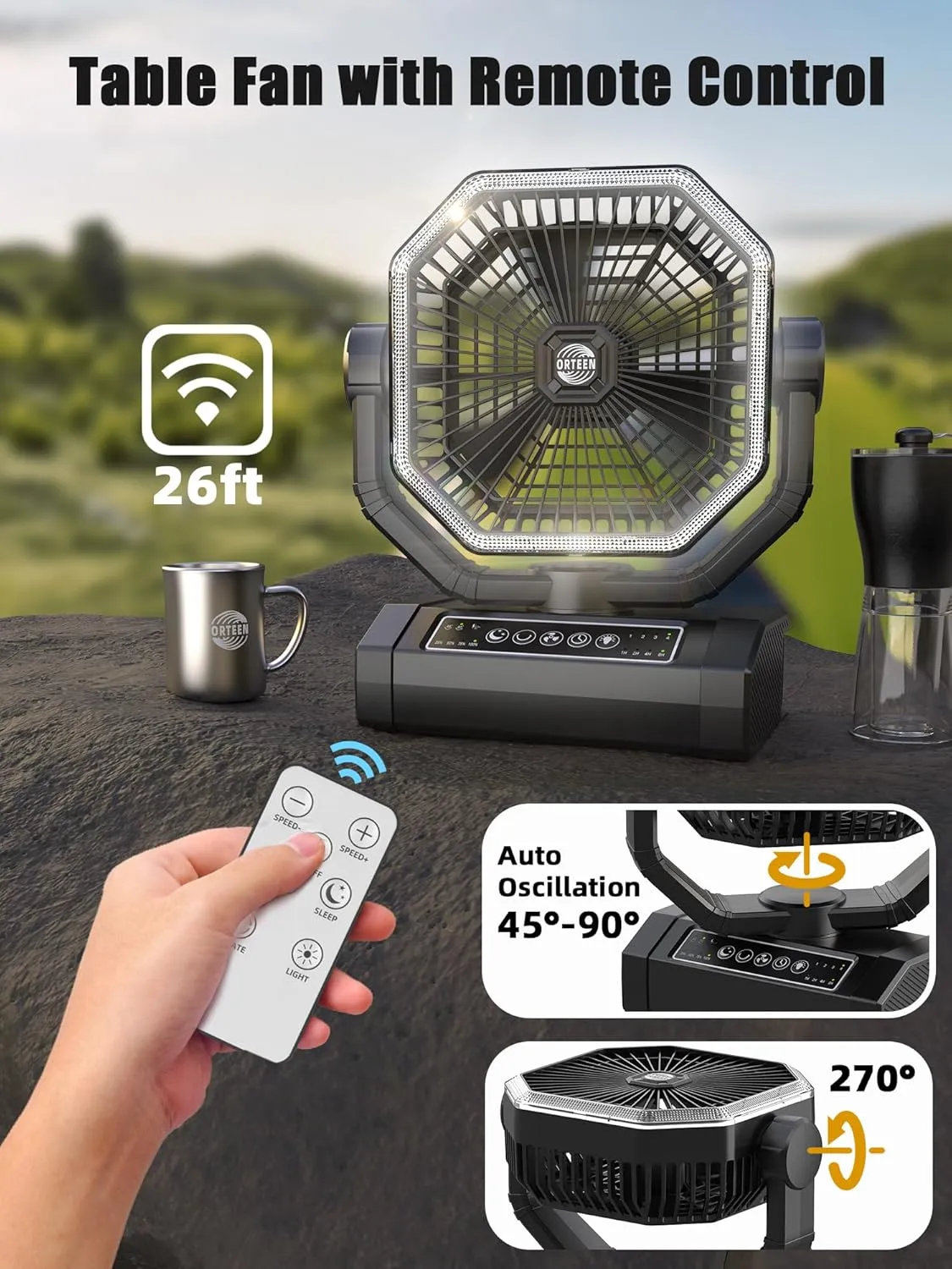 Portable Rechargeable Fan - 9-Inch Camping Fan for Tent, 20000mAh(60Hrs) Battery Operated Fan for Camping, Auto Oscillation Cordless Fan, Tent Fan with Remote/Light, 4 Speeds, 4 Timing, Outdoor