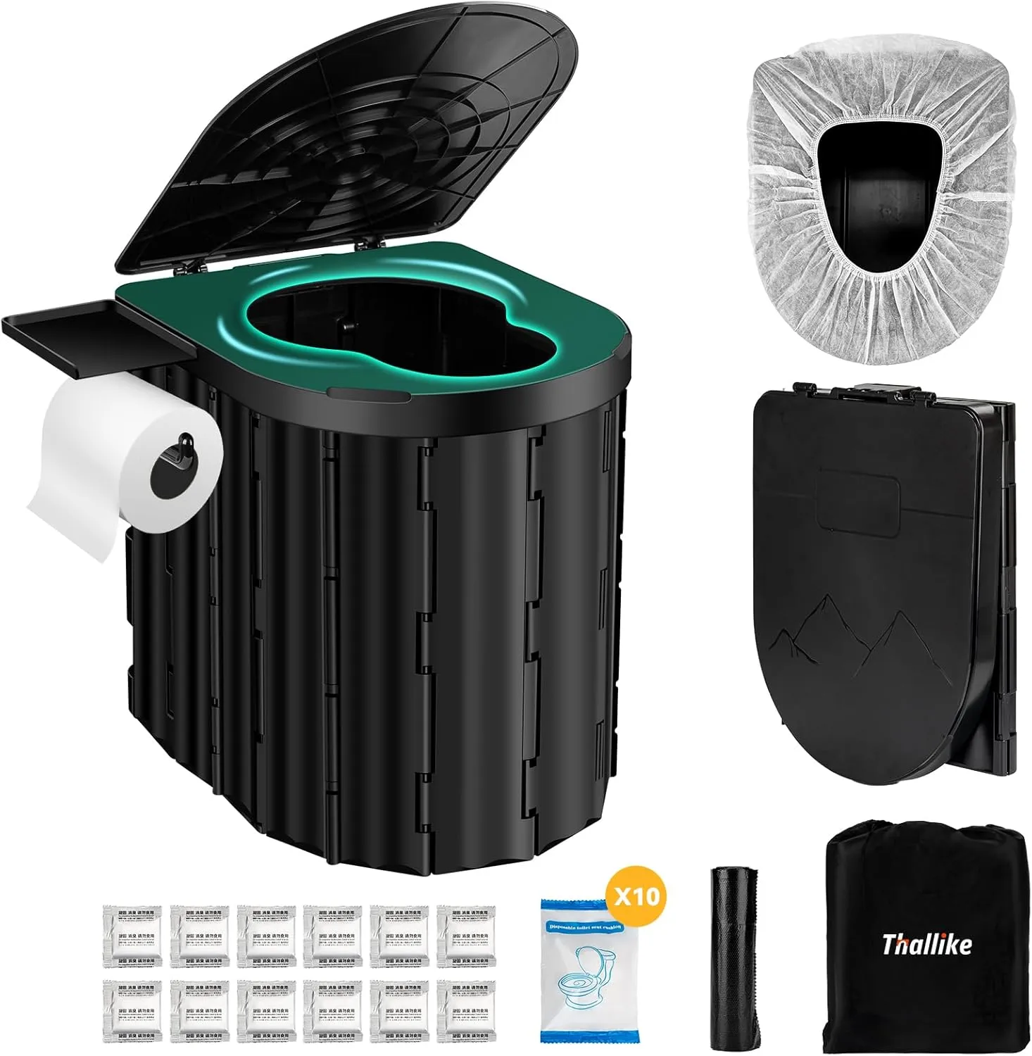 Portable Toilet, Upgraded 15'' Camping Toilet for Adults with Lid, Folding Toilet with Removable Paper Holder, Travel Portable Potty for Camping, Hiking, Roadtrip, Tent, Truck Drivers