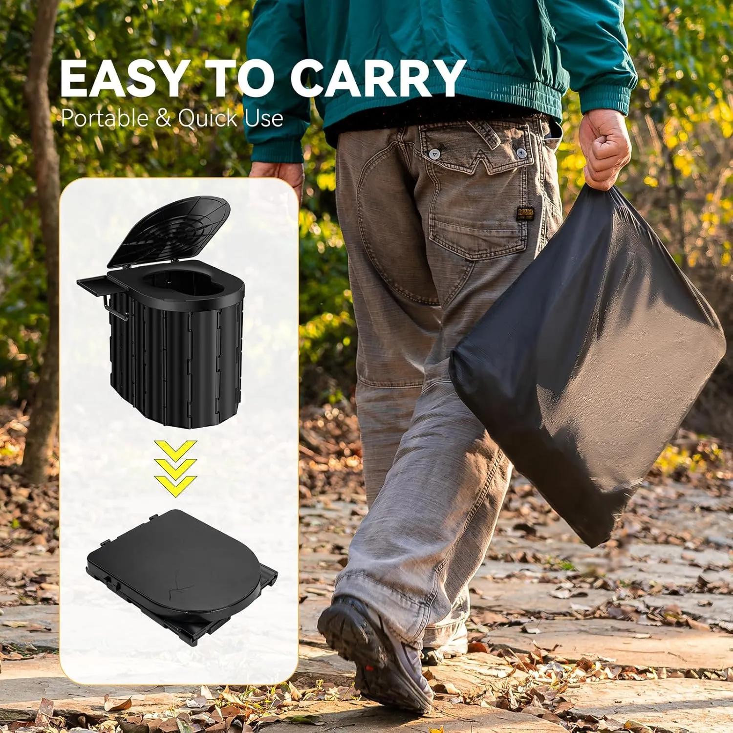 Portable Toilet, Upgraded 15'' Camping Toilet for Adults with Lid, Folding Toilet with Removable Paper Holder, Travel Portable Potty for Camping, Hiking, Roadtrip, Tent, Truck Drivers