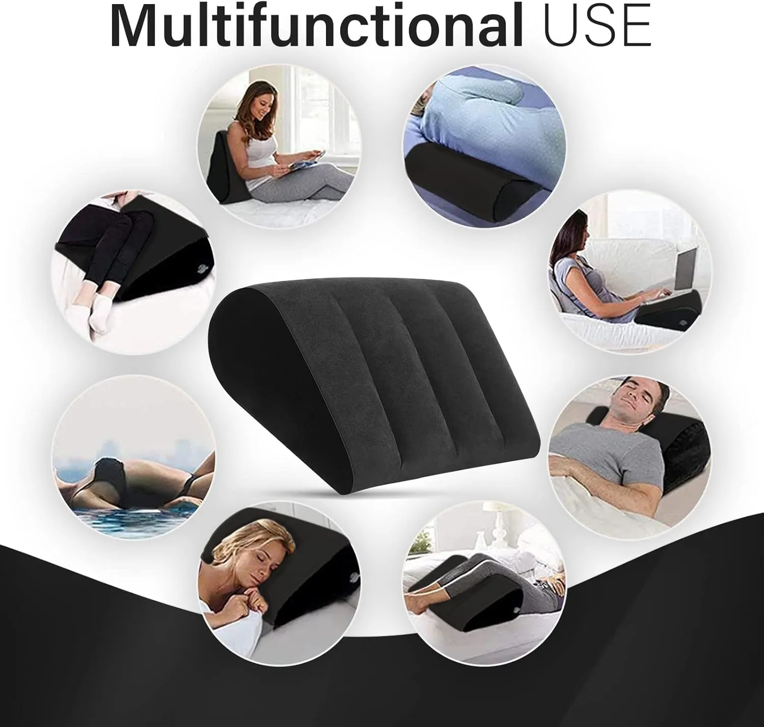 Portable Wedge Pillow Inflatable Cushion - Body Positioners Lightweight Wedge Pillow for Sleeping, Leg Elevation, Use in Bed, Travel, Camping, Fast Inflating Deflation (Black)