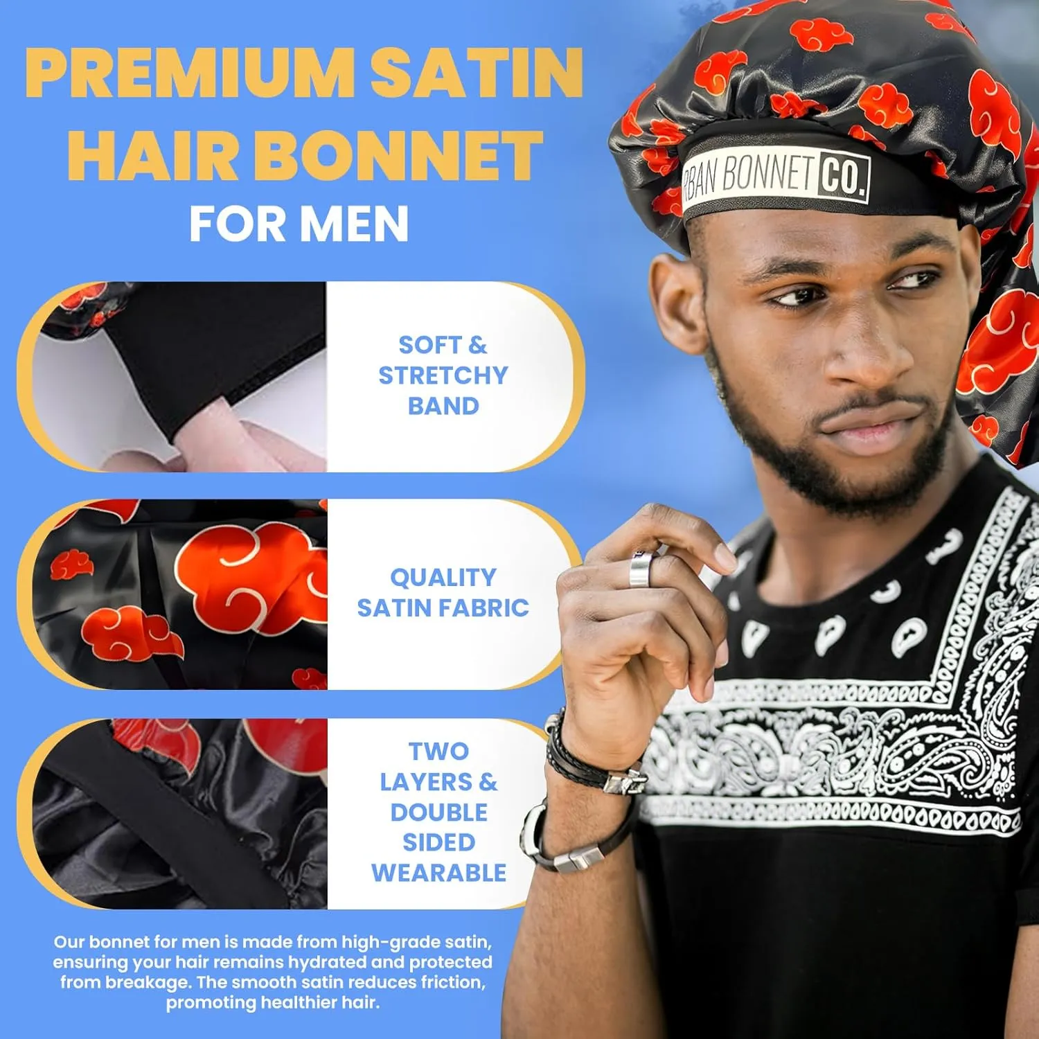 Premium Satin Hair Bonnet for Men Curly Hair, Dreadlock Loc Cap Silk Double Layer Sleeping & Shower Wrap Anime Bonnet Soft Band