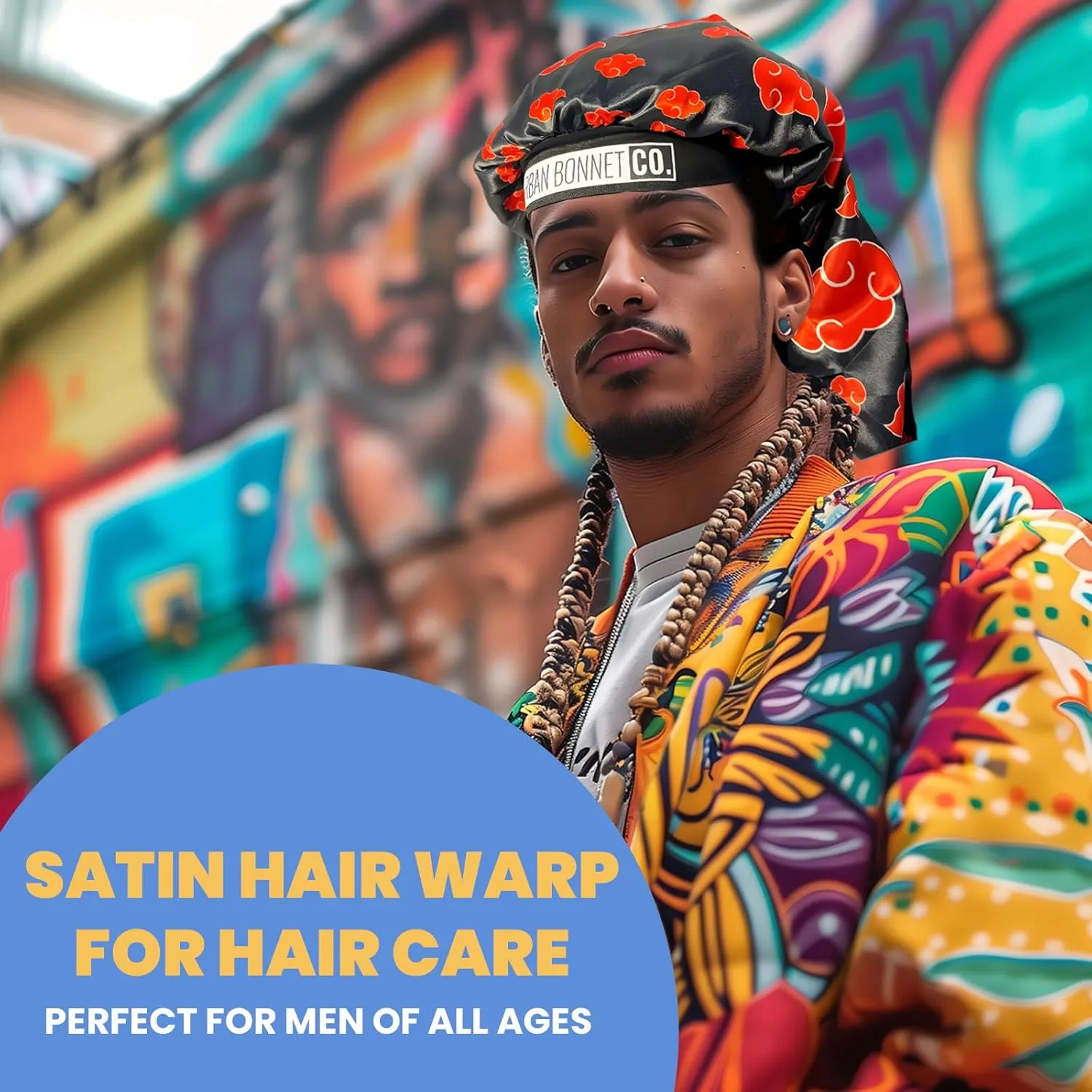 Premium Satin Hair Bonnet for Men Curly Hair, Dreadlock Loc Cap Silk Double Layer Sleeping & Shower Wrap Anime Bonnet Soft Band