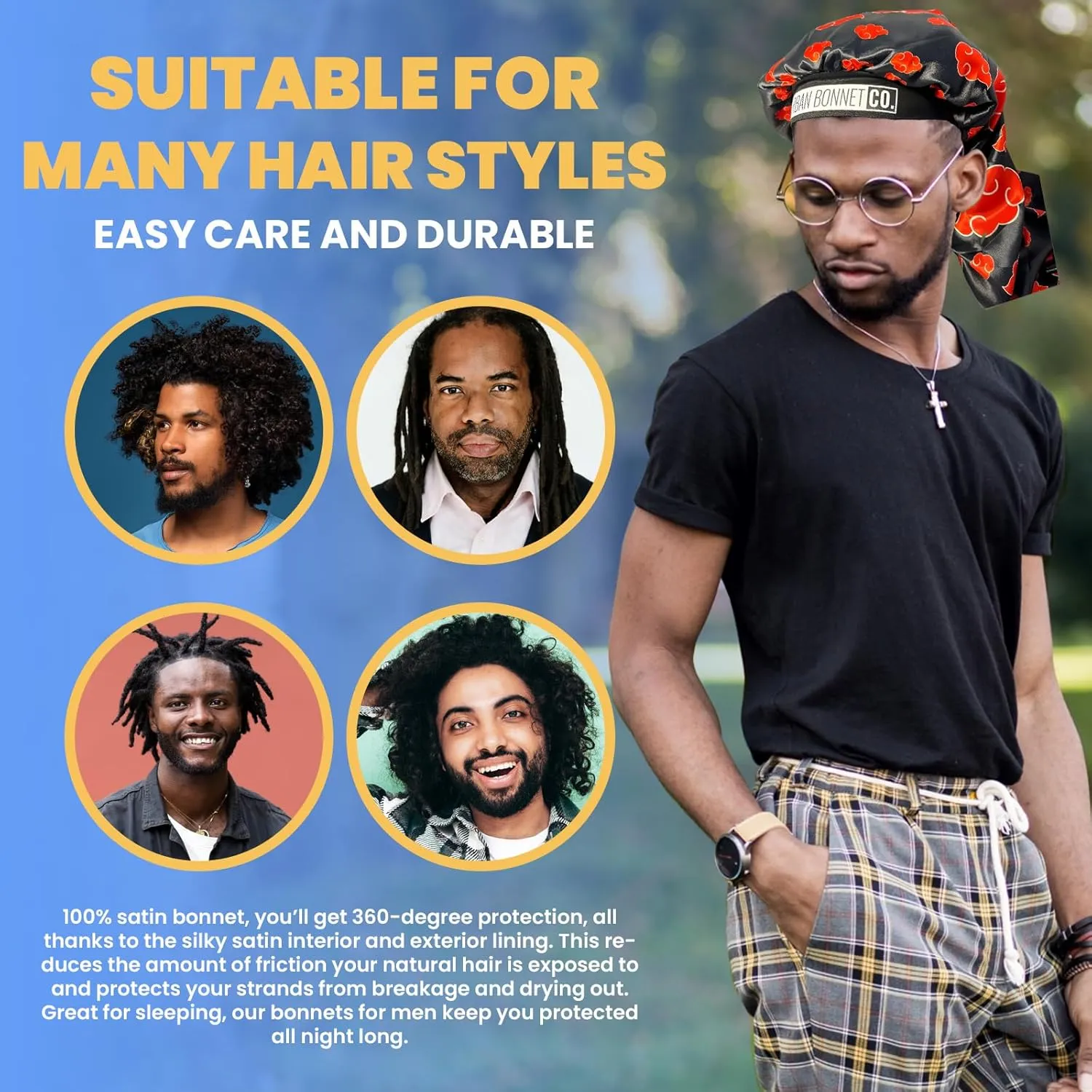 Premium Satin Hair Bonnet for Men Curly Hair, Dreadlock Loc Cap Silk Double Layer Sleeping & Shower Wrap Anime Bonnet Soft Band