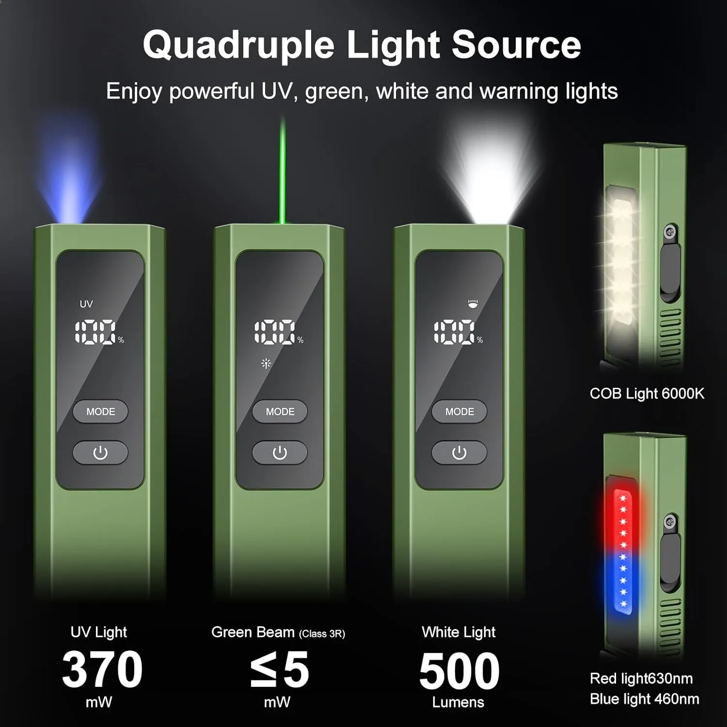 PRO EDC Flashlight Flat with Green Beam, UV Light and 500LM White Light LED Combo, IPX4, Portable Pocket Flash Lights with Magnet for Outdoors, Camping and Travel (Green)