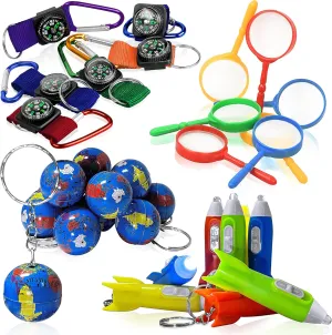 PROLOSO 48PCS Outdoor Camping Adventure Party Favors Colorful Compass Carabiner Kids Magnifying Glass Mini Rocket Flashlight Globe Keychain Assorted Nature Exploration Kit Toddlers Educational Toys