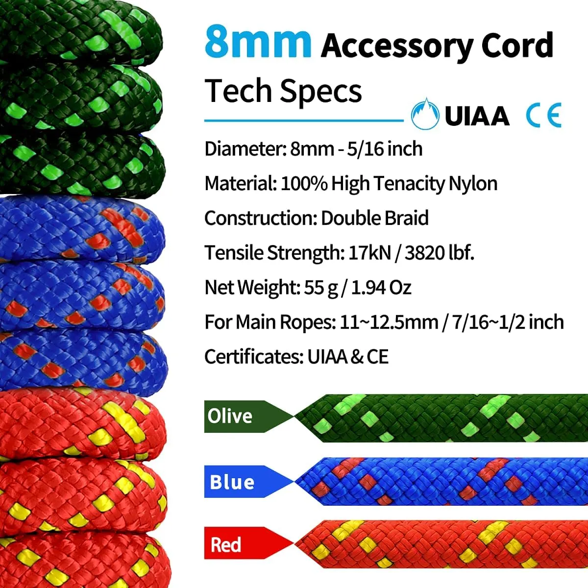 Prusik Cord 8mm (5/16in) 20M(64ft) Climbing Static Rope Accessory Line Double Braid Pre Cut Nylon Cord CE/UIAA High Tensile Strength for Mountain, Arborist, Canyoneering, Rescue