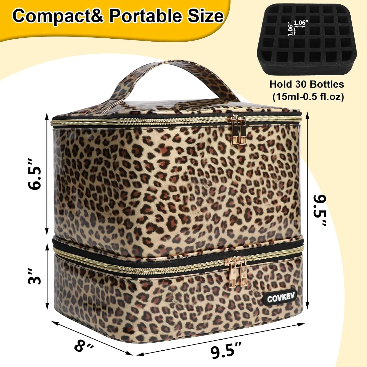PU Leather Nail Polish Organizer Bag Holds 30 Bottles (15ml - 0.5 fl.oz) & Nail Lamp, Portable Nail Kit Storage Carrying Case, Double Layer Nail Supplies Organizer Handbag (Leopard)