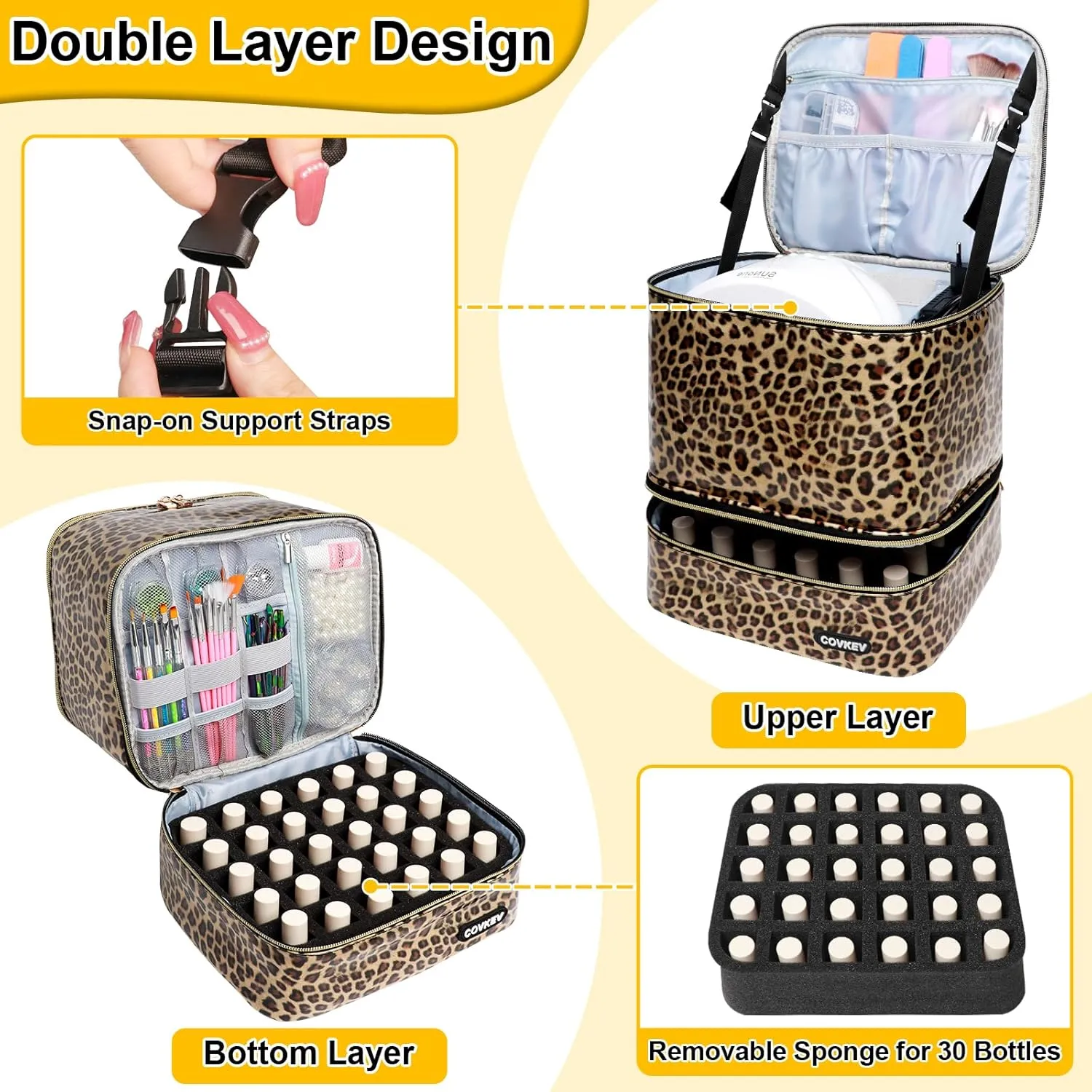 PU Leather Nail Polish Organizer Bag Holds 30 Bottles (15ml - 0.5 fl.oz) & Nail Lamp, Portable Nail Kit Storage Carrying Case, Double Layer Nail Supplies Organizer Handbag (Leopard)