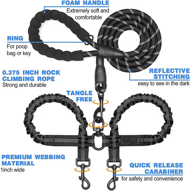Purple Pet Double-Ended Rope   1.5M Leash - Easy to walk two dogs, tangle-free design