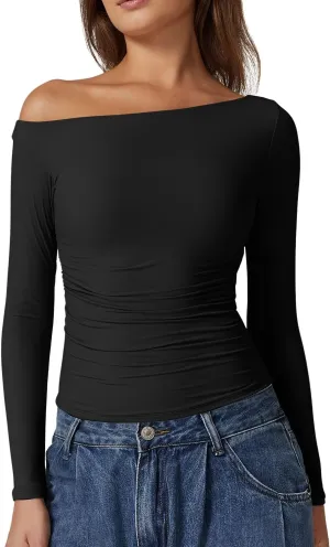 QINSEN Women's Sexy Off Shoulder Shirt Long Sleeve Double Lined Tops Side Ruched Fitted Tees