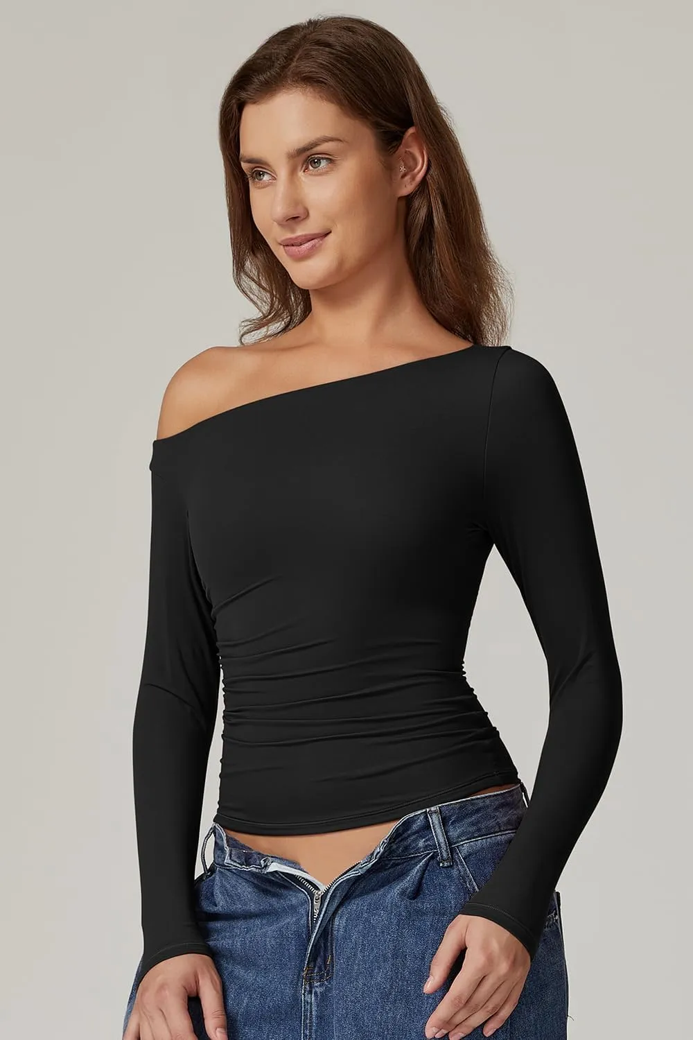 QINSEN Women's Sexy Off Shoulder Shirt Long Sleeve Double Lined Tops Side Ruched Fitted Tees