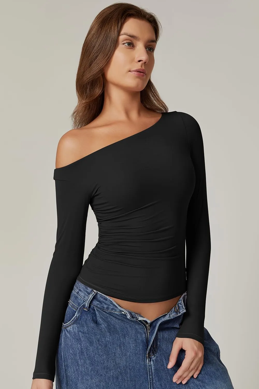 QINSEN Women's Sexy Off Shoulder Shirt Long Sleeve Double Lined Tops Side Ruched Fitted Tees