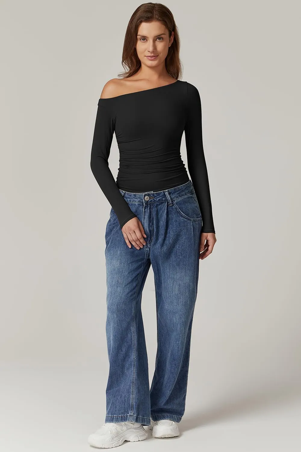 QINSEN Women's Sexy Off Shoulder Shirt Long Sleeve Double Lined Tops Side Ruched Fitted Tees