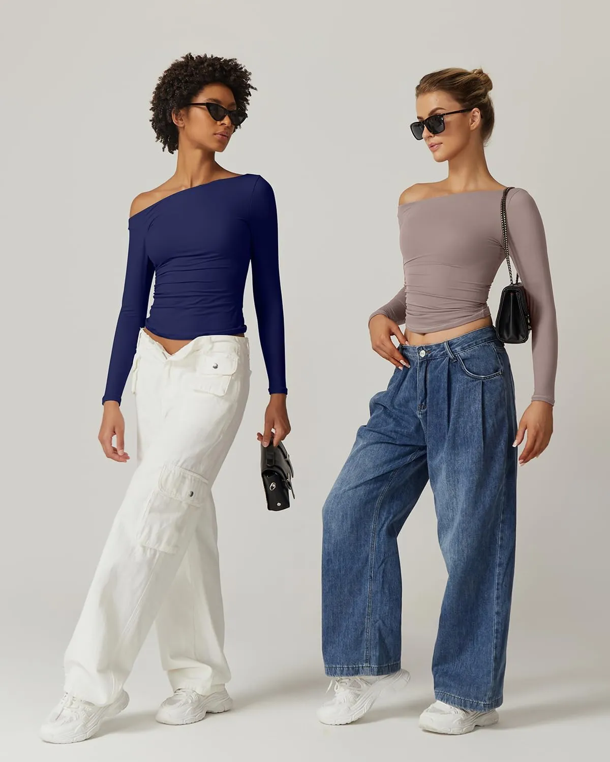 QINSEN Women's Sexy Off Shoulder Shirt Long Sleeve Double Lined Tops Side Ruched Fitted Tees
