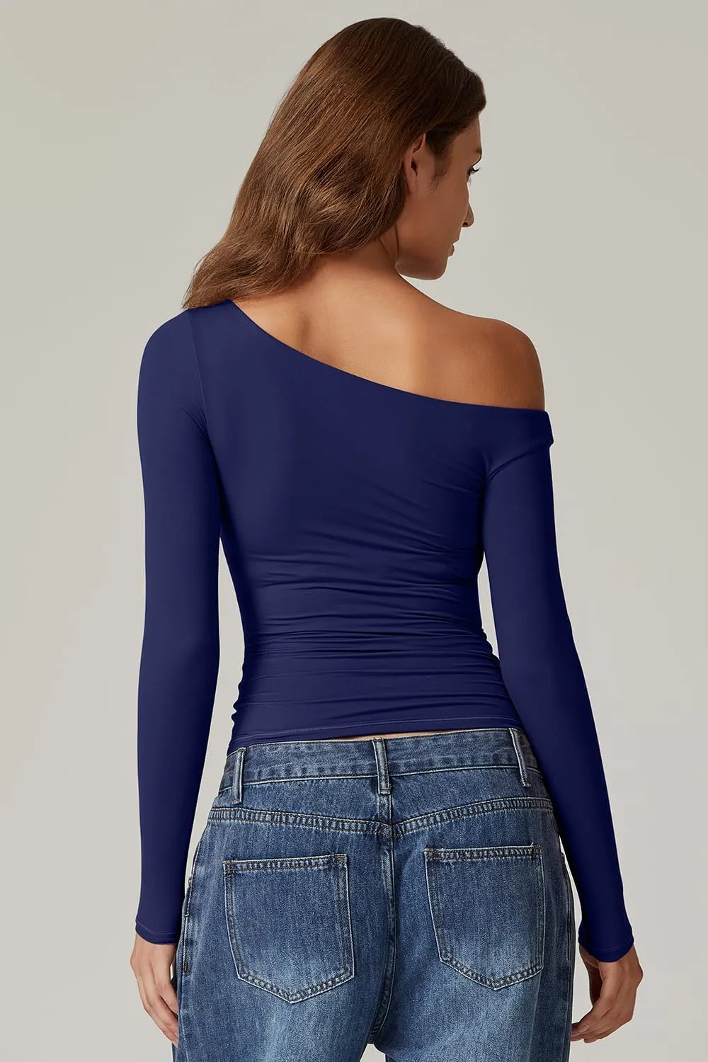 QINSEN Women's Sexy Off Shoulder Shirt Long Sleeve Double Lined Tops Side Ruched Fitted Tees