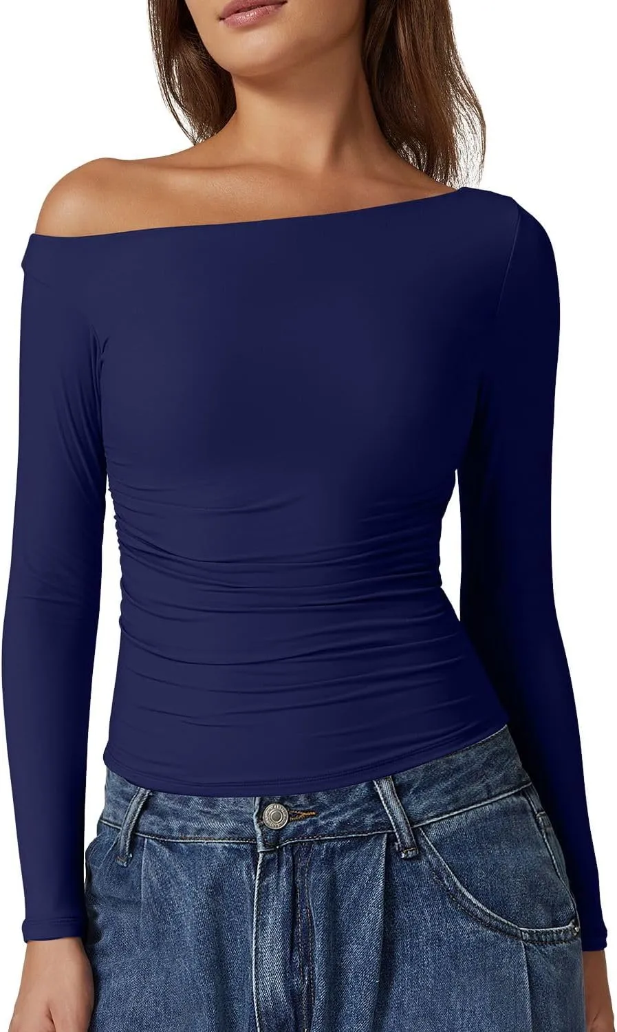 QINSEN Women's Sexy Off Shoulder Shirt Long Sleeve Double Lined Tops Side Ruched Fitted Tees