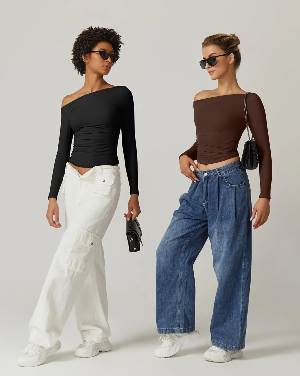 QINSEN Women's Sexy Off Shoulder Shirt Long Sleeve Double Lined Tops Side Ruched Fitted Tees