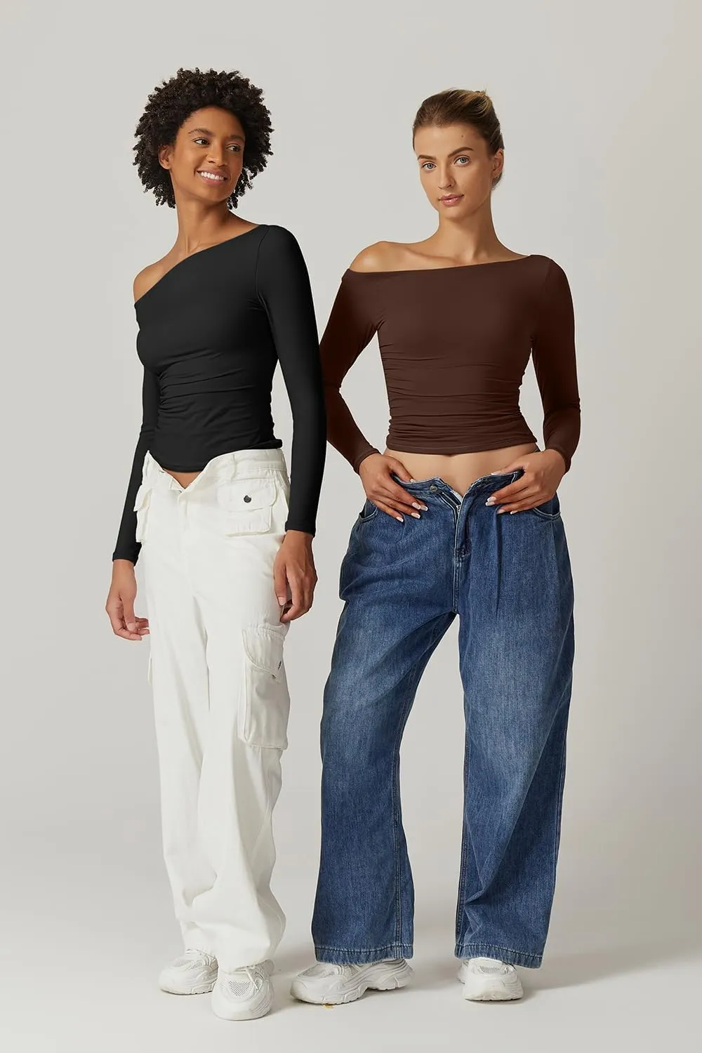 QINSEN Women's Sexy Off Shoulder Shirt Long Sleeve Double Lined Tops Side Ruched Fitted Tees