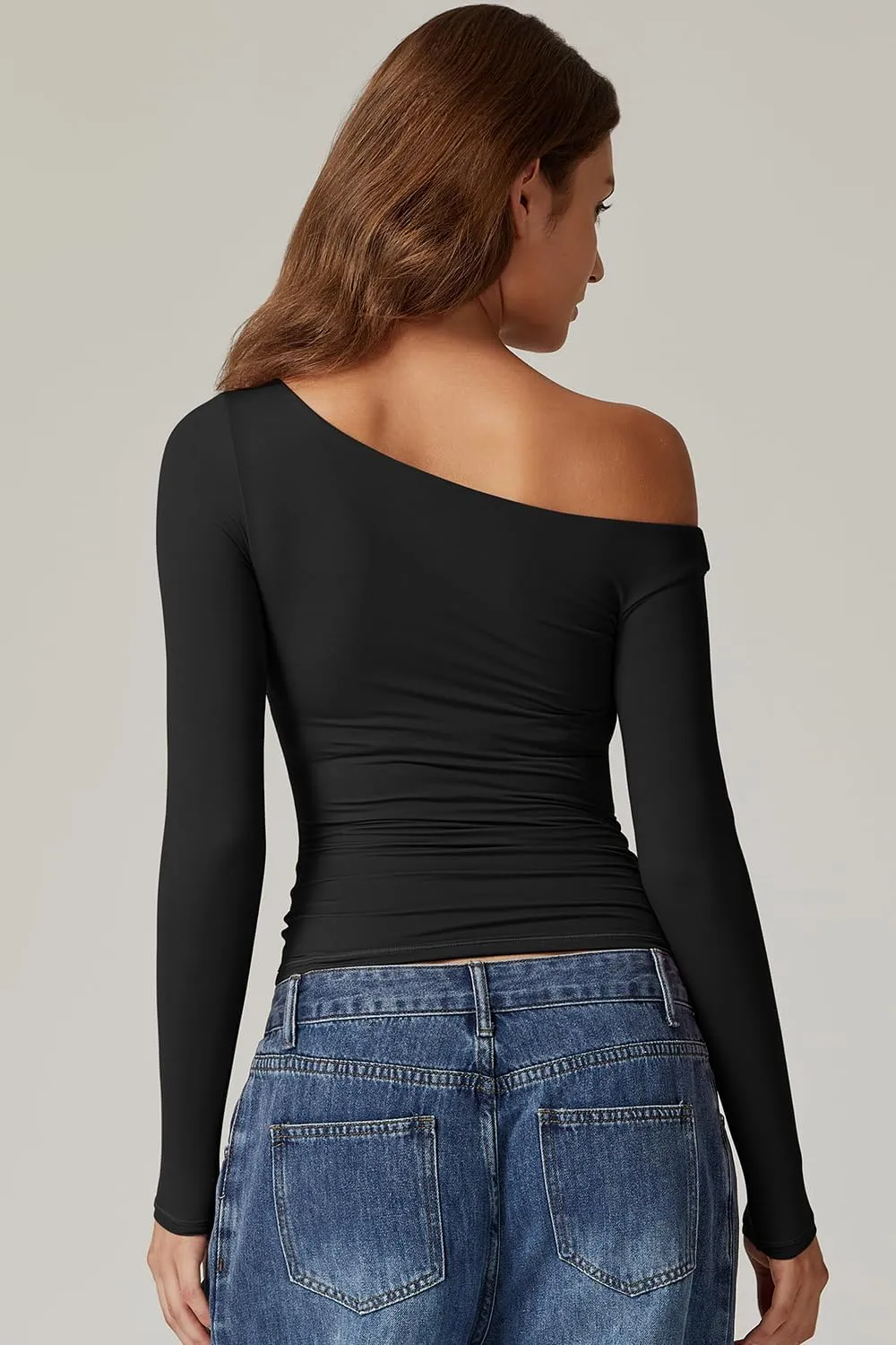 QINSEN Women's Sexy Off Shoulder Shirt Long Sleeve Double Lined Tops Side Ruched Fitted Tees