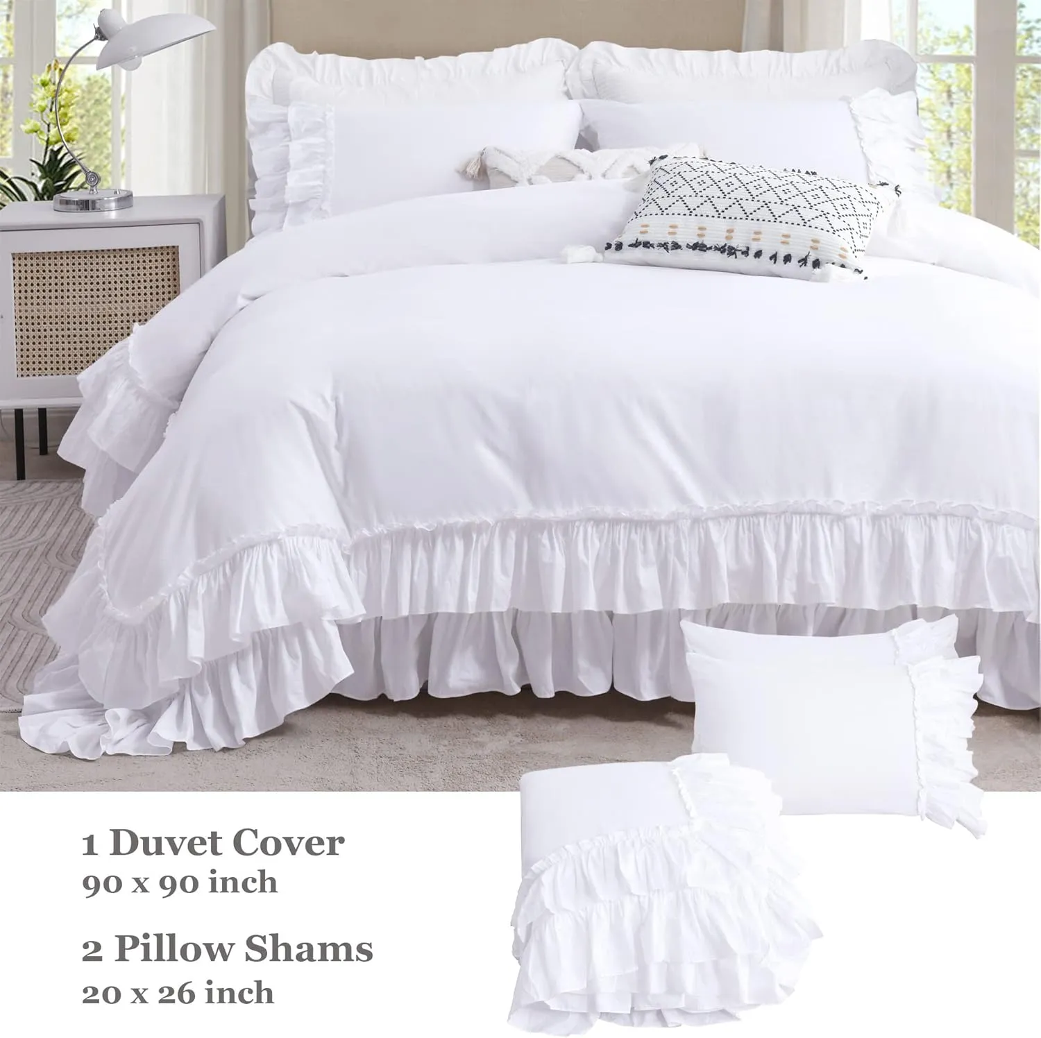 QSH Ruffle White Duvet Cover Queen Size -100% Washed Cotton Shabby Farmhouse Ruffled Bedding Comforter Cover 3 pcs Aesthetic French Country Queen Duvet Cover Cotton Extra Soft and Breathable