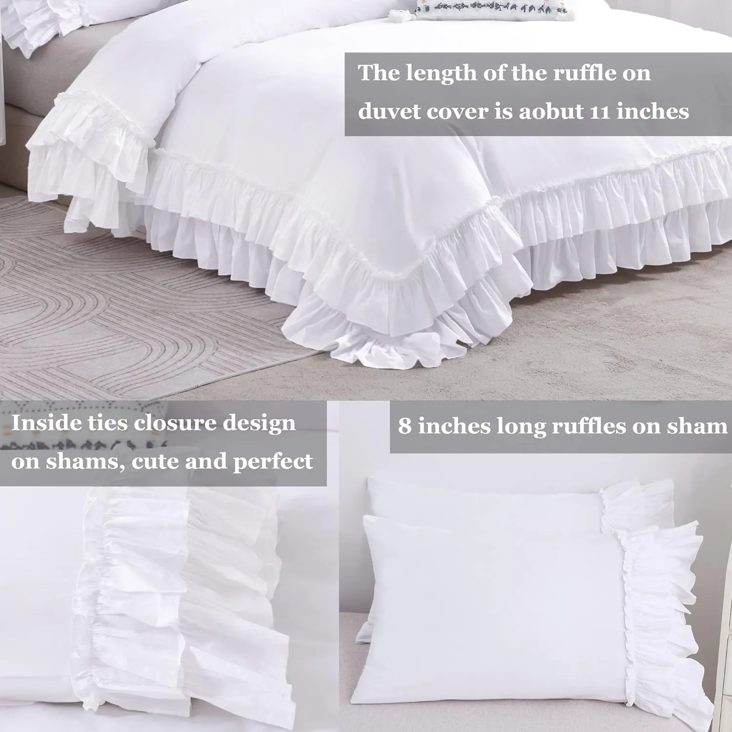QSH Ruffle White Duvet Cover Queen Size -100% Washed Cotton Shabby Farmhouse Ruffled Bedding Comforter Cover 3 pcs Aesthetic French Country Queen Duvet Cover Cotton Extra Soft and Breathable