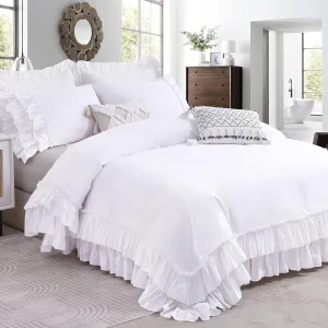 QSH Ruffle White Duvet Cover Queen Size -100% Washed Cotton Shabby Farmhouse Ruffled Bedding Comforter Cover 3 pcs Aesthetic French Country Queen Duvet Cover Cotton Extra Soft and Breathable