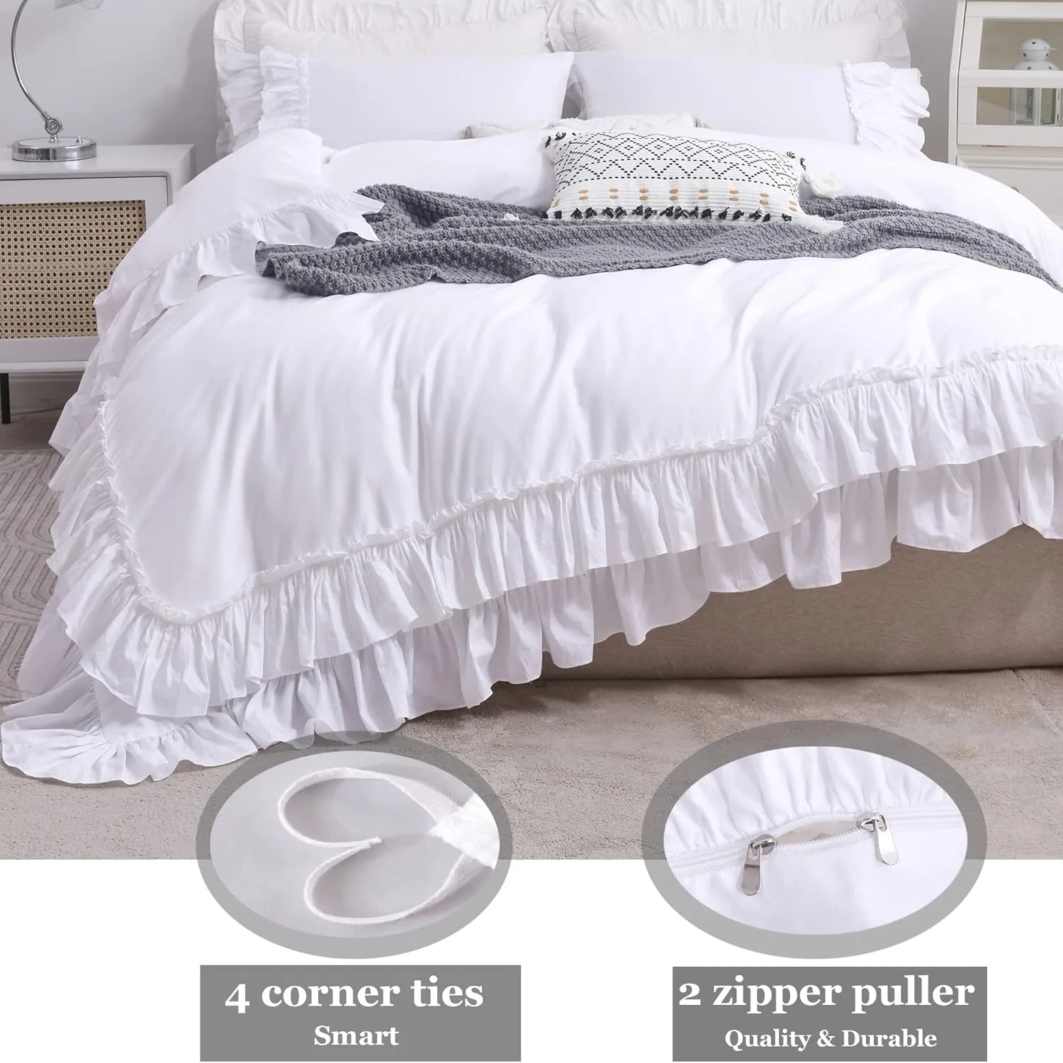 QSH Ruffle White Duvet Cover Queen Size -100% Washed Cotton Shabby Farmhouse Ruffled Bedding Comforter Cover 3 pcs Aesthetic French Country Queen Duvet Cover Cotton Extra Soft and Breathable