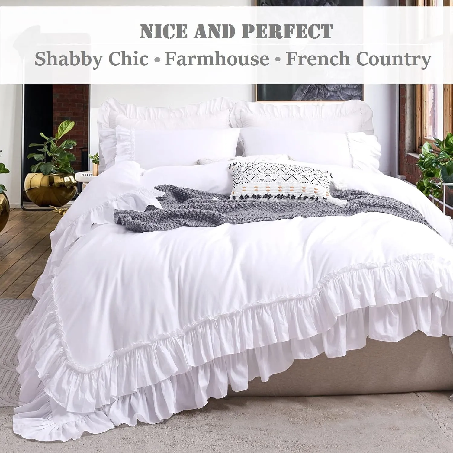 QSH Ruffle White Duvet Cover Queen Size -100% Washed Cotton Shabby Farmhouse Ruffled Bedding Comforter Cover 3 pcs Aesthetic French Country Queen Duvet Cover Cotton Extra Soft and Breathable