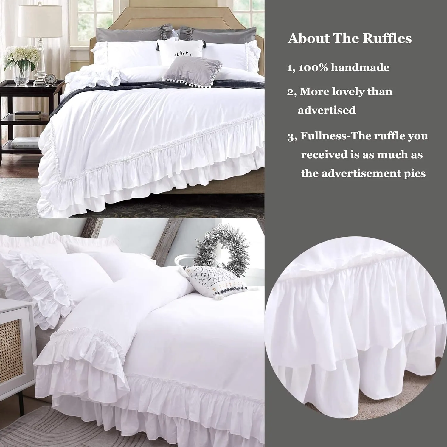QSH Ruffle White Duvet Cover Queen Size -100% Washed Cotton Shabby Farmhouse Ruffled Bedding Comforter Cover 3 pcs Aesthetic French Country Queen Duvet Cover Cotton Extra Soft and Breathable