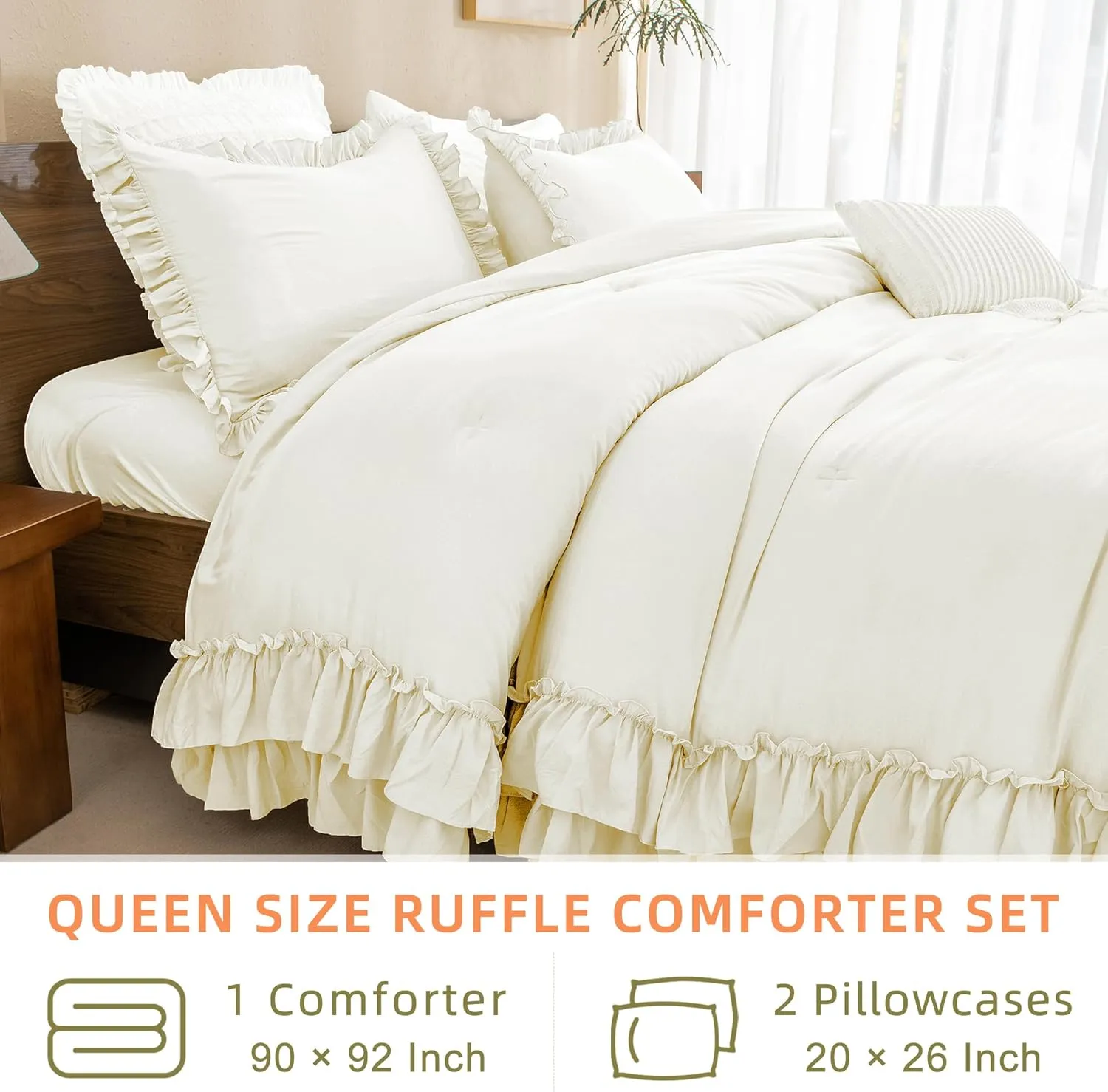 QSH Ruffled Comforter Queen Size, Shabby French Country Chic Bedding Ivory Comforter Sets, 3 Peices Farmhouse Lightweight Boho Comforter Set for Bed, Ultra Soft All Season Microfiber Fluffy Bedding