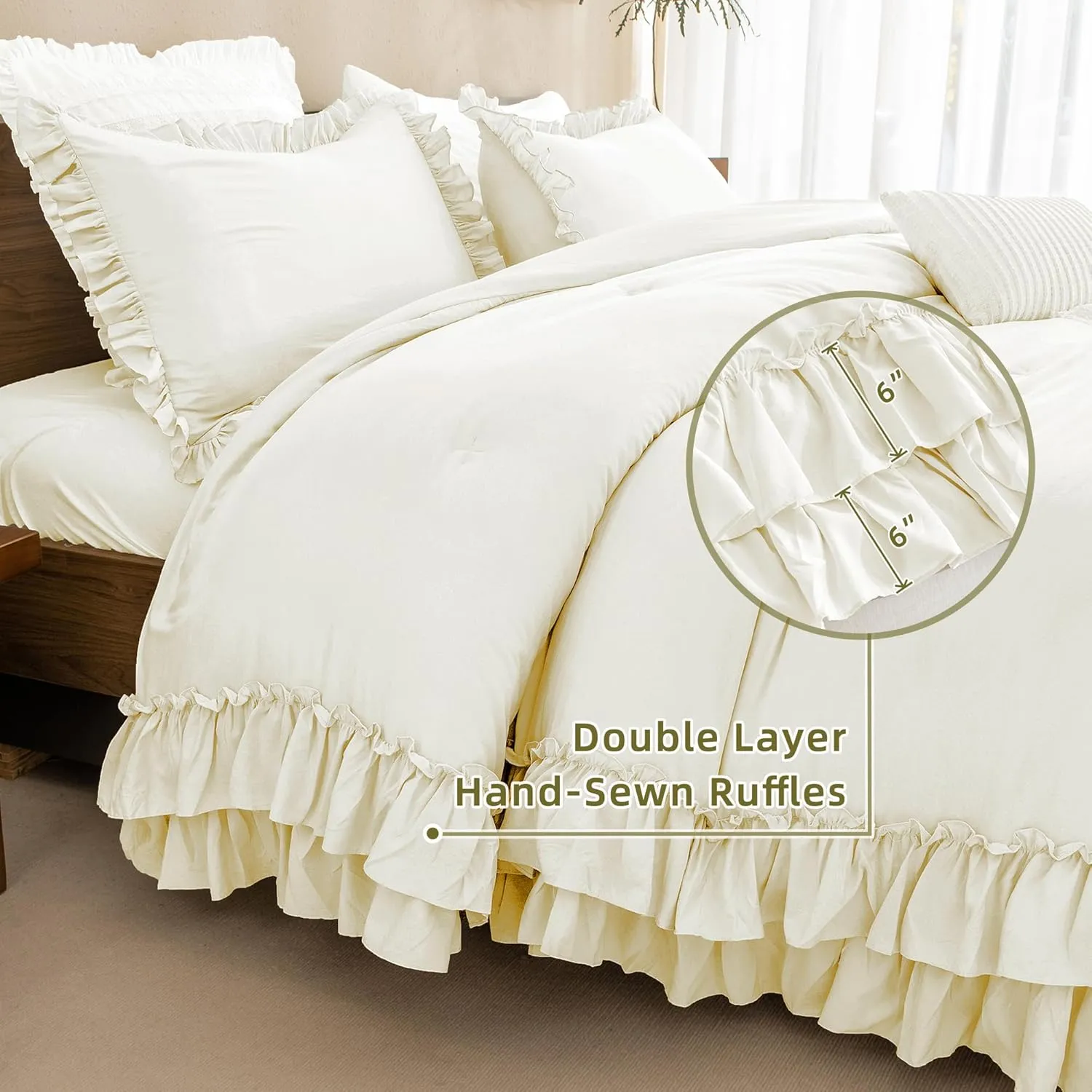 QSH Ruffled Comforter Queen Size, Shabby French Country Chic Bedding Ivory Comforter Sets, 3 Peices Farmhouse Lightweight Boho Comforter Set for Bed, Ultra Soft All Season Microfiber Fluffy Bedding
