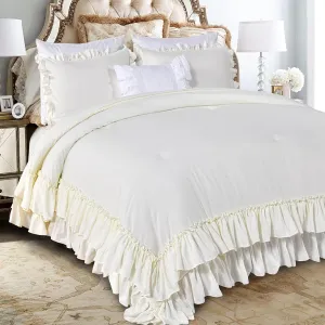QSH Ruffled Comforter Queen Size, Shabby French Country Chic Bedding Ivory Comforter Sets, 3 Peices Farmhouse Lightweight Boho Comforter Set for Bed, Ultra Soft All Season Microfiber Fluffy Bedding