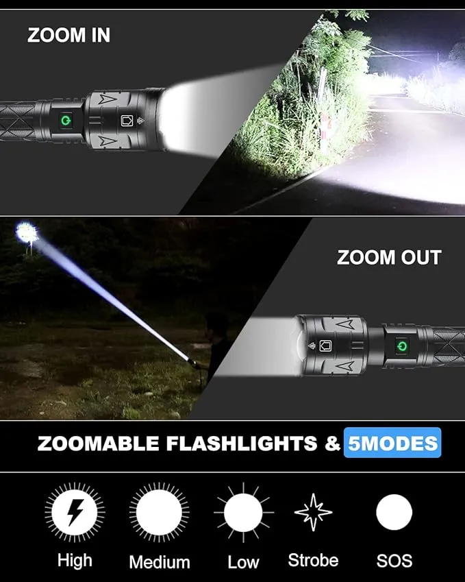 Rechargeable Flashlights High Lumens, Super Bright Flashlight 100000 Lumens, Powerful Tactical Flashlights, 5 Modes, Zoomable, IPX5 Waterproof, Handheld XHP160 LED Flashlight for Emergency Camping