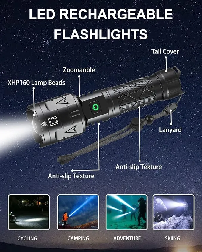 Rechargeable Flashlights High Lumens, Super Bright Flashlight 100000 Lumens, Powerful Tactical Flashlights, 5 Modes, Zoomable, IPX5 Waterproof, Handheld XHP160 LED Flashlight for Emergency Camping