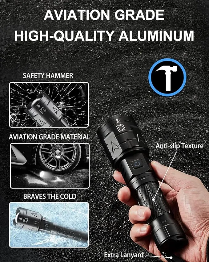 Rechargeable Flashlights High Lumens, Super Bright Flashlight 100000 Lumens, Powerful Tactical Flashlights, 5 Modes, Zoomable, IPX5 Waterproof, Handheld XHP160 LED Flashlight for Emergency Camping
