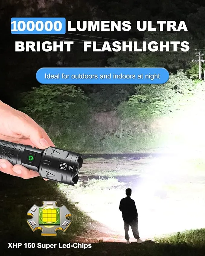 Rechargeable Flashlights High Lumens, Super Bright Flashlight 100000 Lumens, Powerful Tactical Flashlights, 5 Modes, Zoomable, IPX5 Waterproof, Handheld XHP160 LED Flashlight for Emergency Camping